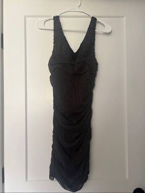 Express Black Sparkle V-Neck Ruched Midi Dress